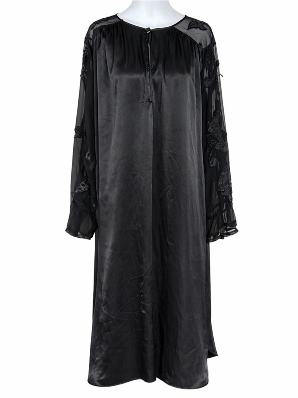 Vtg Natori Black Satin Lounger Gown Sheer Floral Lace Sleeves Small S7207G 90s